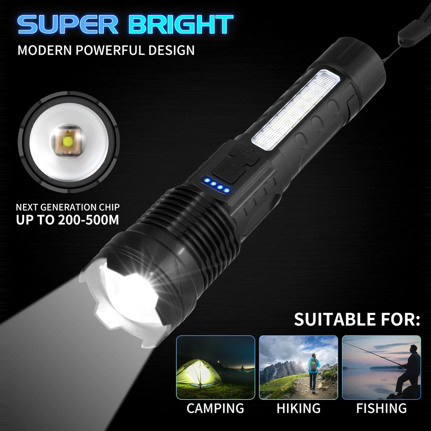 New USB Rechargeable  Flashlight, Waterproof Ultra Bright Tactical Flashlight, Focus Zoomable Outdoor Pocket Flash Light